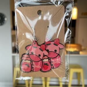 Strawberry Milk NEW Wooden Cow J-Hook Drop Earrings Pink